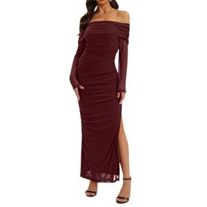 Off-Shoulder Mesh Ruched Burgundy Dress